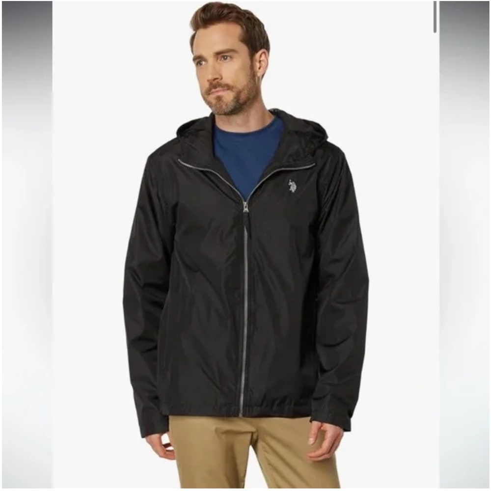 U.S. Polo Assn. Solid Black‎ Long Sleeve Full Zip Hooded Windbreaker Jacket Sz L